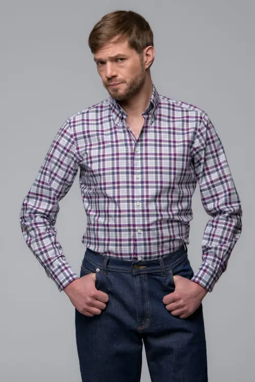 Koszula button down, w fioletową kratę, bawełniana - na modelu, przód