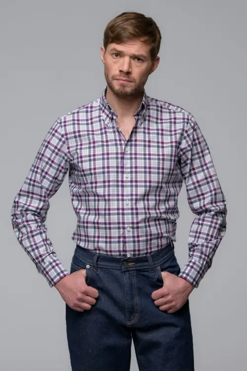 Koszula button down, w fioletową kratę, bawełniana - zdjęcie 4