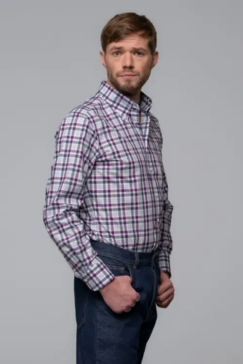 Koszula button down, w fioletową kratę, bawełniana - zdjęcie 5