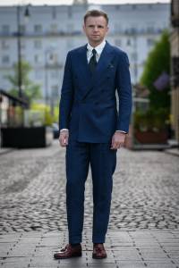 Granatowy garnitur dwurzędowy Anderlecht, lniany