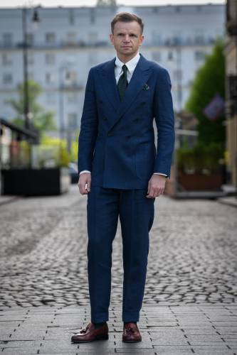 Granatowy garnitur dwurzędowy Anderlecht, lniany
