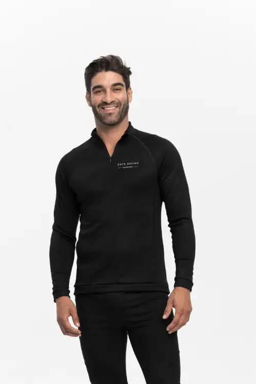 Longsleeve sportowy Expedition Extra Warm z wełny merino, czarny, 283 gr - na modelu, rozpięty suwak