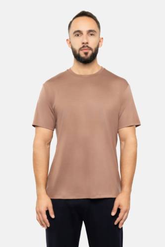 T-shirt sportowy z wełny merino 195, beżowy - na modelu