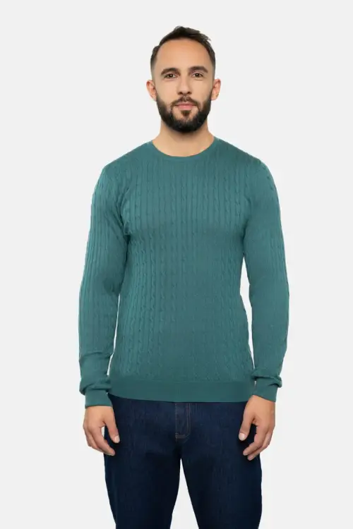 Sweter warkoczowy z wełny merino, zielony maripozyt - widok z przodu