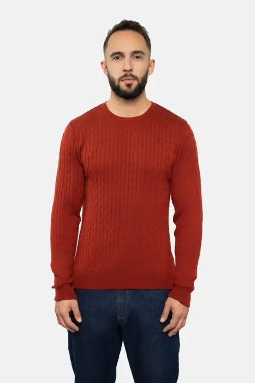 Sweter warkoczowy z wełny merino, rudy - zdjęcie 5
