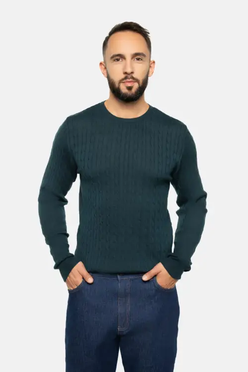 Sweter warkoczowy z wełny merino, zielony - widok z przodu