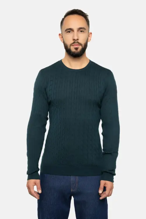 Sweter warkoczowy z wełny merino, zielony - zdjęcie 4