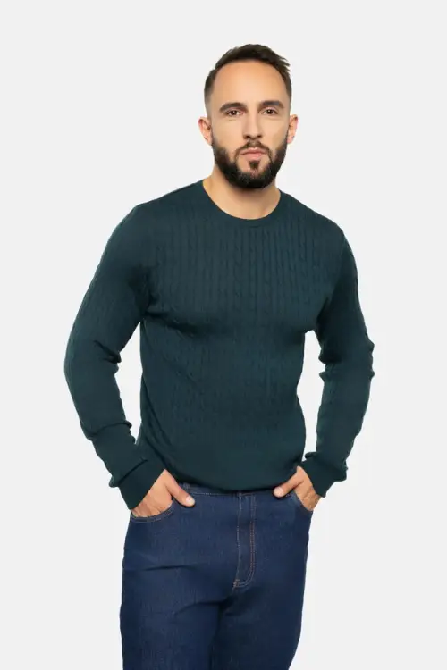 Sweter warkoczowy z wełny merino, zielony - zdjęcie 5