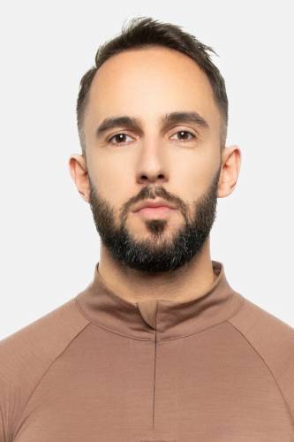 Longsleeve sportowy z wełny merino, beżowy, 195 - zbliżenie stójki