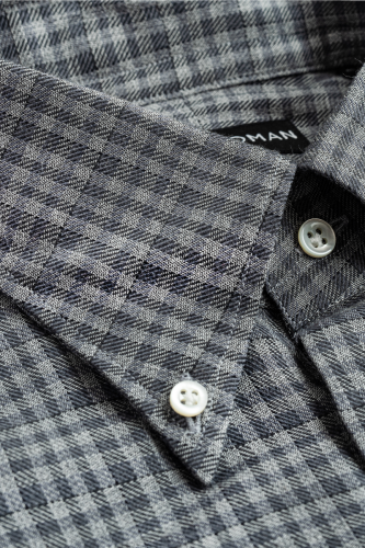 Szara koszula button down w kratkę Vichy, bawełniano-kaszmirowa - zbliżenie tkaniny