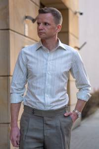 Koszula Silk Touch zielona w paski bawełniano-lniana z jedwabiem - Zack Roman