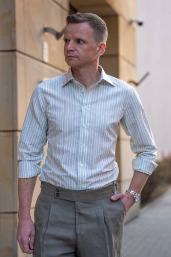 Zielona koszula w paski Silk Touch, bawełniano - lniana z jedwabiem