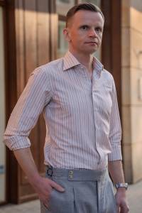 Bordowa koszula w paski Silk Touch, bawełniano - lniana z jedwabiem