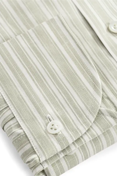 Zielona koszula w paski Silk Touch, bawełniano-lniana z jedwabiem - zdjęcie 4