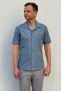 Koszula seersucker szaroniebieska krótki rękaw bawełniana - Zack Roman