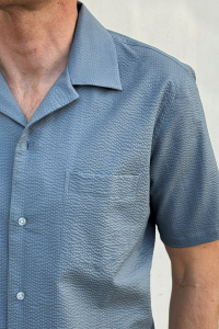 Koszula seersucker szaroniebieska krótki rękaw bawełniana - Zack Roman