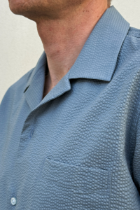 Koszula seersucker szaroniebieska krótki rękaw bawełniana - Zack Roman