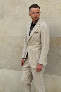 Garnitur Seersucker beżowy w prążek bawełniany - Zack Roman