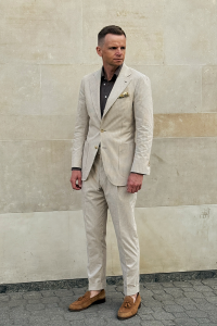 Garnitur Seersucker, beżowy w prążek, bawełniany