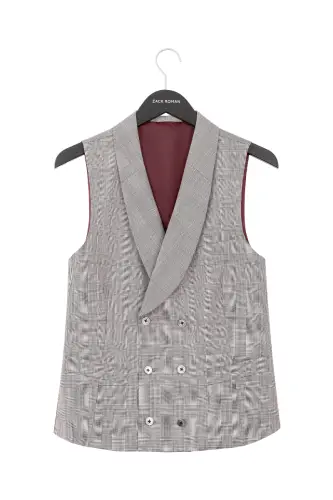 Grey double-breasted Prince of Wales wool waistcoat in red check
