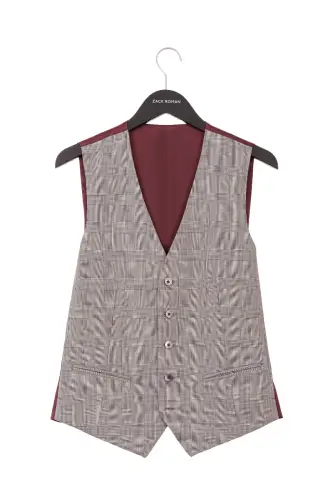 Grey Prince of Wales check waistcoat, red check, wool