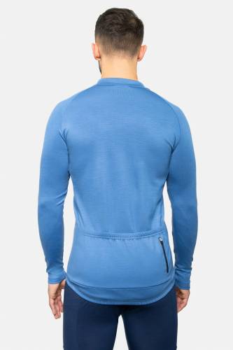 Koszulka kolarska Extra Warm z wełny merino, błękitna, 283 gr - tył, kieszenie