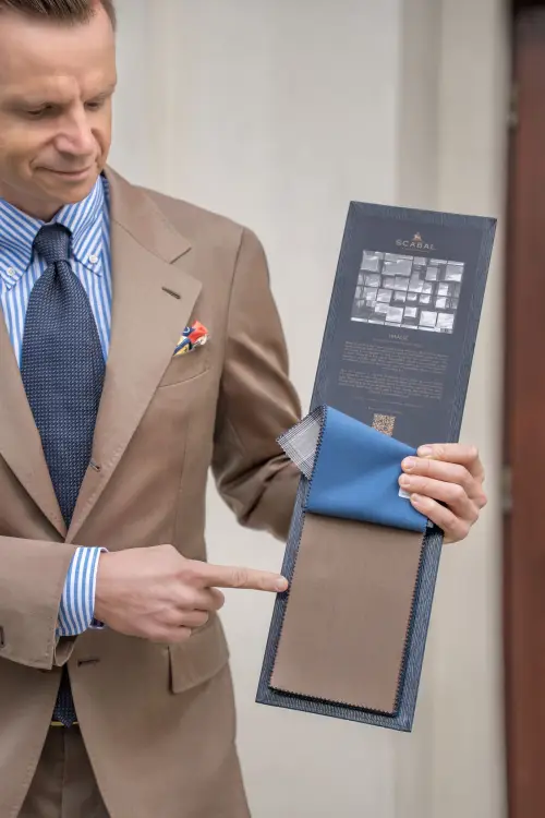 Garnitur Solaro Scabal, beżowy, wełniany - z próbnikiem Scabal