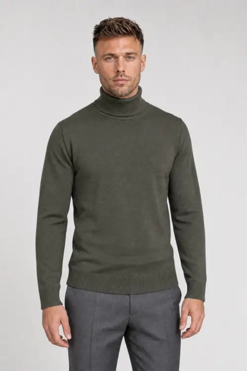 Męski golf khaki ZackRoman - elegancki sweter z półgolfem w oliwkowym kolorze, stylizacja z szarymi spodniami garniturowymi