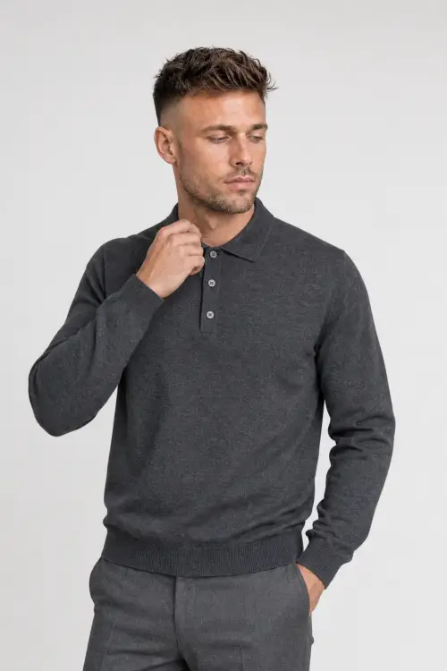 Sweter polo wełniany, cashwool, grafitowy