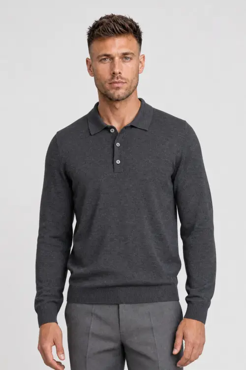 Sweter polo wełniany, cashwool, grafitowy
