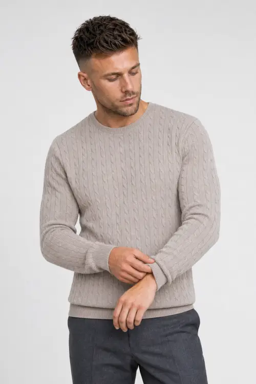 Sweter warkoczowy wełniany, cashwool, beżowy