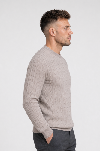 Sweter warkoczowy wełniany, cashwool, beżowy