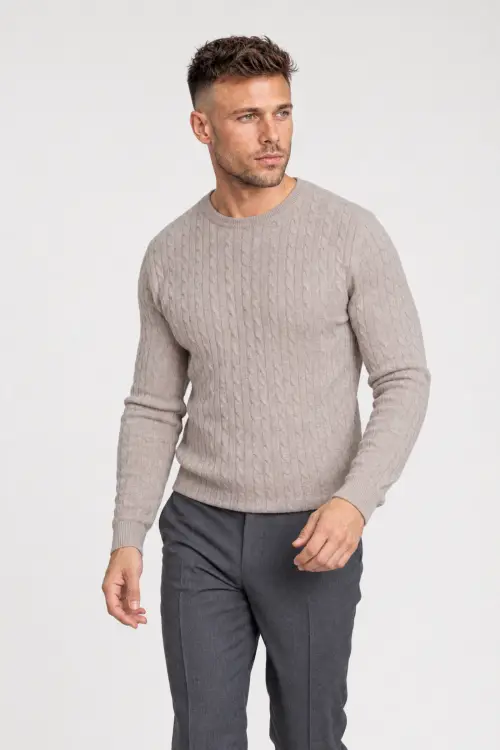 Sweter warkoczowy wełniany, cashwool, beżowy