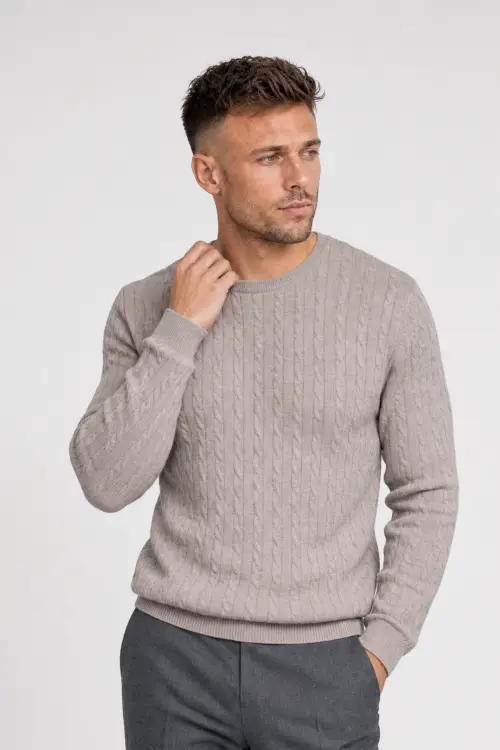 Sweter warkoczowy wełniany, cashwool, beżowy