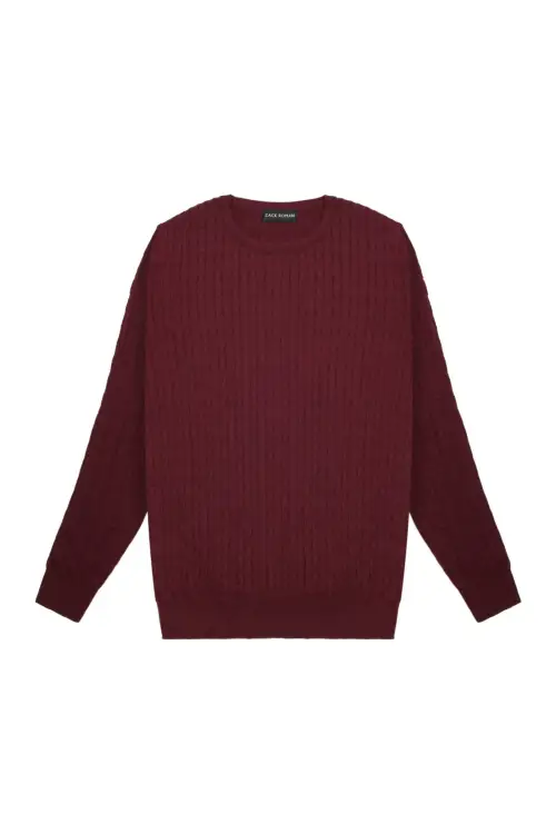 Sweter warkoczowy wełniany, cashwool, bordowy