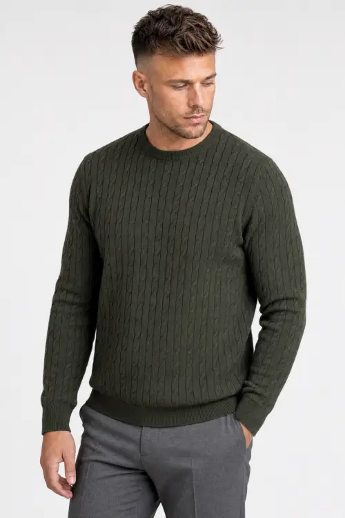 Sweter warkoczowy wełniany, cashwool, zielony