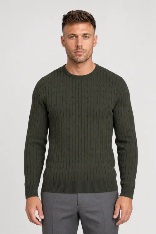 Sweter warkoczowy wełniany, cashwool, zielony