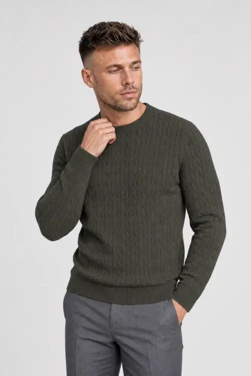 Sweter warkoczowy wełniany, cashwool, zielony