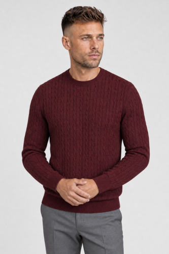 Sweter warkoczowy wełniany, cashwool, bordowy