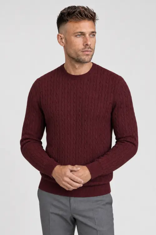 Sweter warkoczowy wełniany, cashwool, bordowy