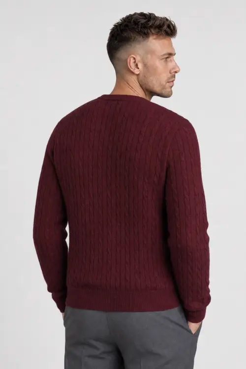 Sweter warkoczowy wełniany, cashwool, bordowy