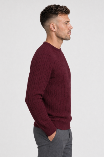 Sweter warkoczowy wełniany, cashwool, bordowy