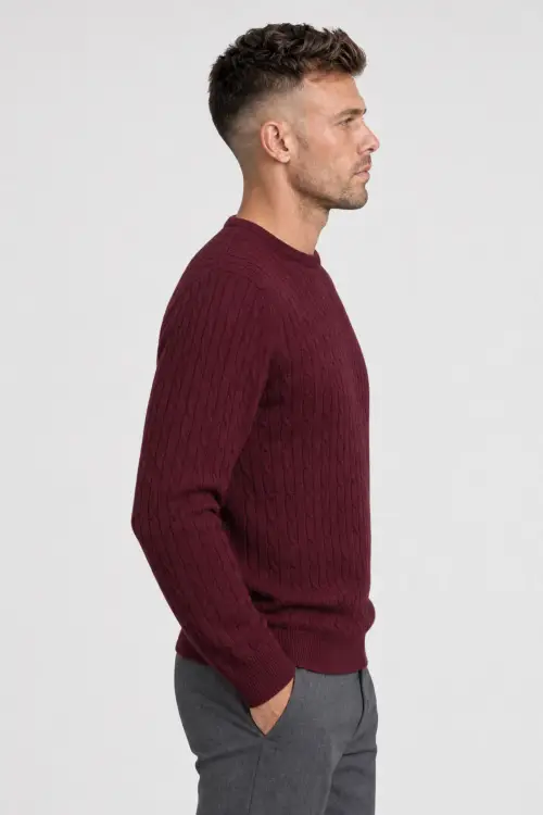 Sweter warkoczowy wełniany, cashwool, bordowy