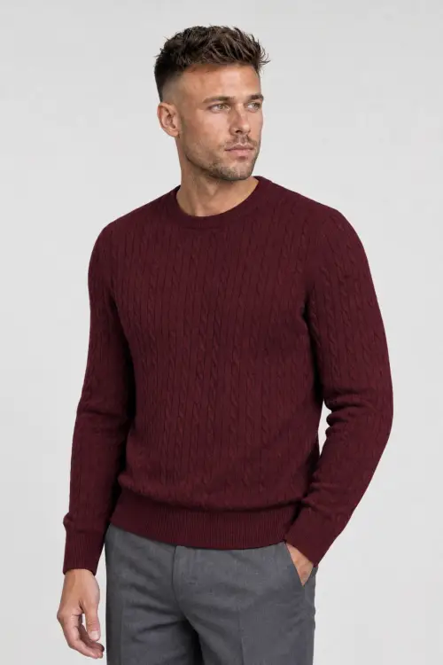Sweter warkoczowy wełniany, cashwool, bordowy