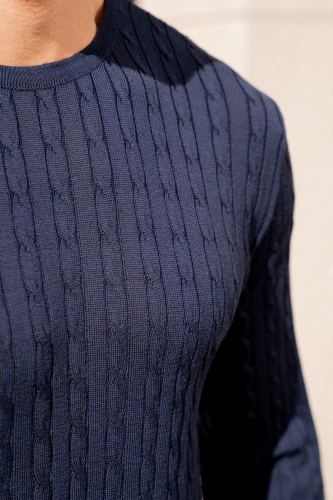 Sweter warkoczowy Cashwool Zegna Baruffa, granatowy - splot z bliska