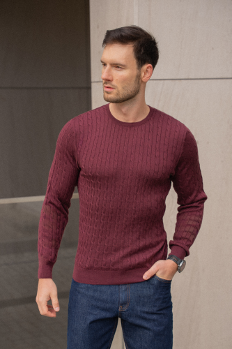 Sweter warkoczowy Cashwool Zegna Baruffa, bordowy - na modelu, do jeansów