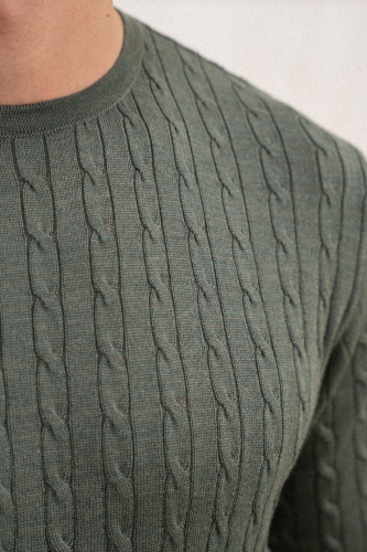Sweter warkoczowy Cashwool Zegna Baruffa, zielony - splot z bliska