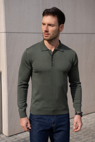 Sweter Polo wełniany, cashwool, zielony
