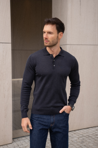 Sweter polo Cashwool Zegna Baruffa, grafitowy - na modelu, do jeansów