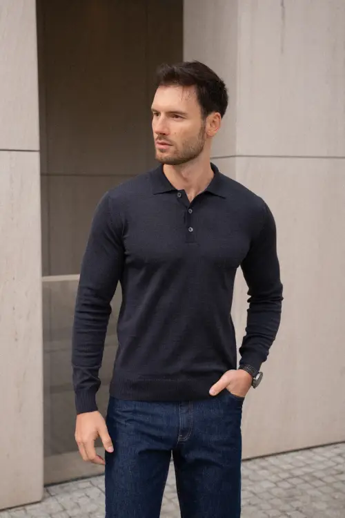Sweter polo Cashwool Zegna Baruffa, grafitowy - na modelu, do jeansów